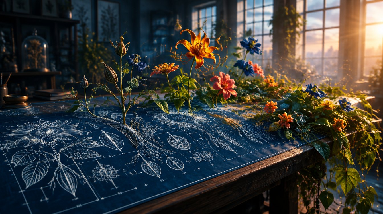 Botanical blueprints on a drafting table growing into a real garden of saffron, coral and blue flowers spilling over the table's edge