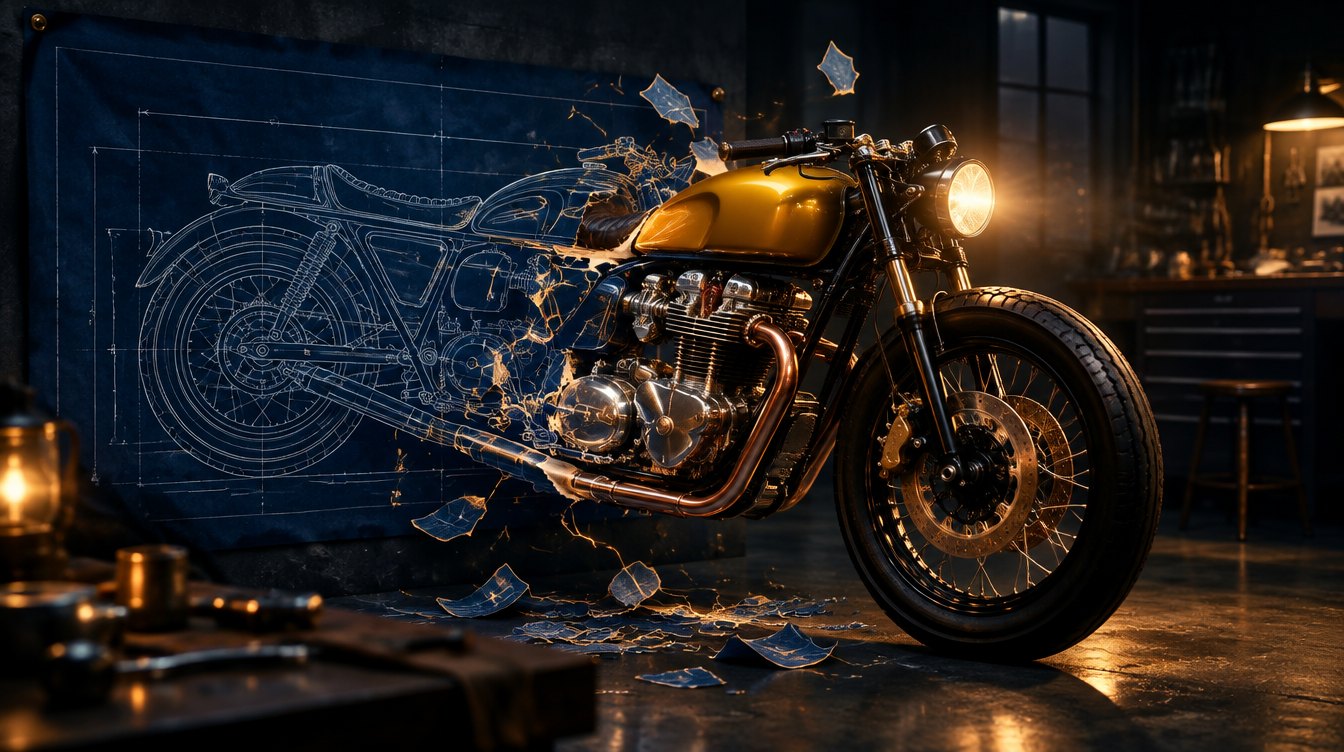 A motorcycle rolling out of a blueprint, its rear half still white line drawing and its front half a real hand-built chrome engine, gold tank and glowing headlamp