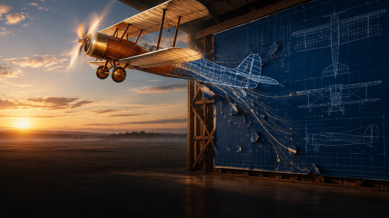 A vintage biplane flies out of a blueprint pinned to an open hangar wall, its tail still white line drawing and its wings, propeller and nose real wood and brass in the sunrise