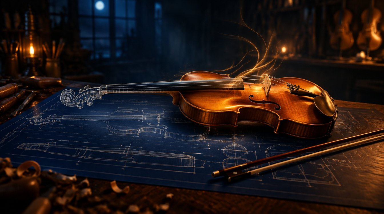 A violin rising off a luthier's blueprint, its scroll still line drawing and its body real varnished wood, with glowing lines curling up from it like sound