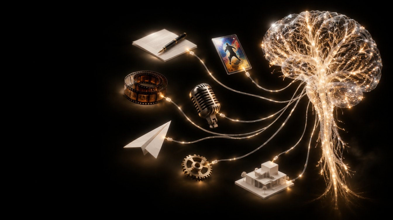 A glowing brain made of fiber-optic strands, its nerves plugged into floating objects: a contract, a trading card, film, a microphone, a paper airplane, a gear and an architectural model