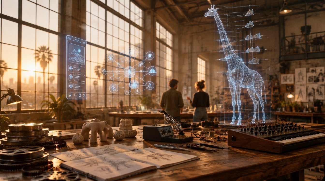 A sunlit workshop with walnut worktables, film reels and a synthesizer, where a life-size wireframe giraffe and floating interface sketches are being assembled in light
