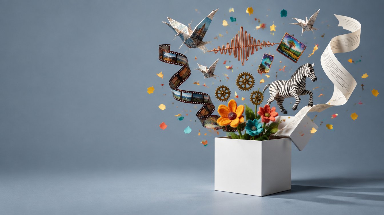 A plain white box bursting open with handmade creations: origami birds, film, a copper sound wave, a paper zebra, a signed contract, gears and flowers