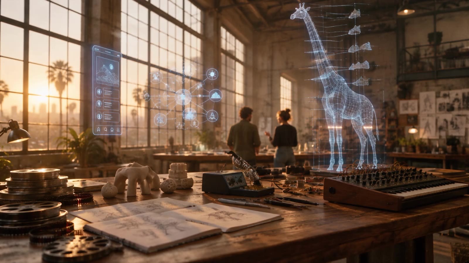 A sunlit workshop with walnut worktables, film reels and a synthesizer, where a life-size wireframe giraffe and floating interface sketches are being assembled in light