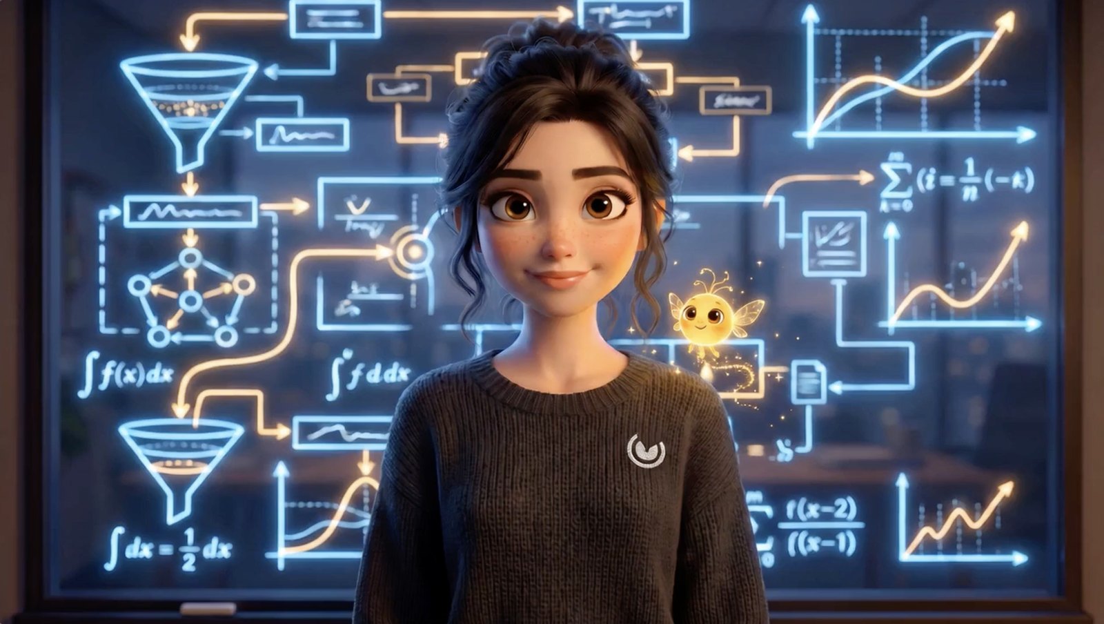 Maya, an animated character with dark hair and freckles, smiling in front of a glowing chalkboard of funnels, flowcharts and growth charts, with Spark, a small glowing winged helper, at her shoulder