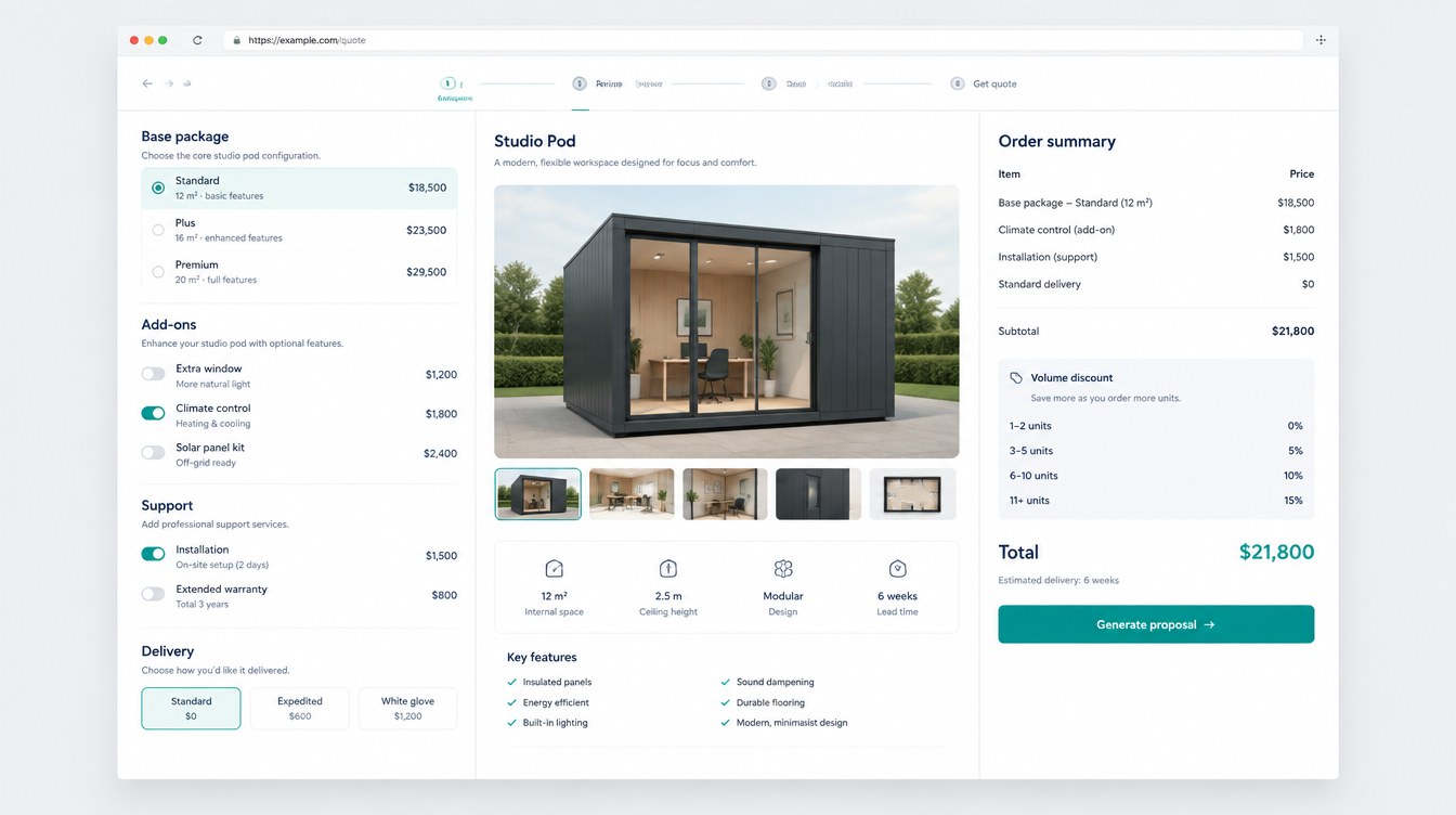 Interface concept: a package configurator with options, a live preview and a running price summary