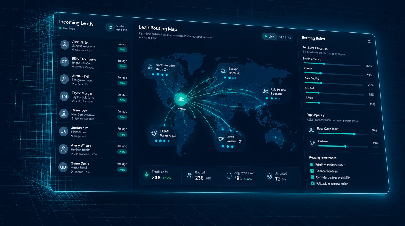 Interface concept: a lead routing dashboard with a live lead feed, a routing map and territory rules
