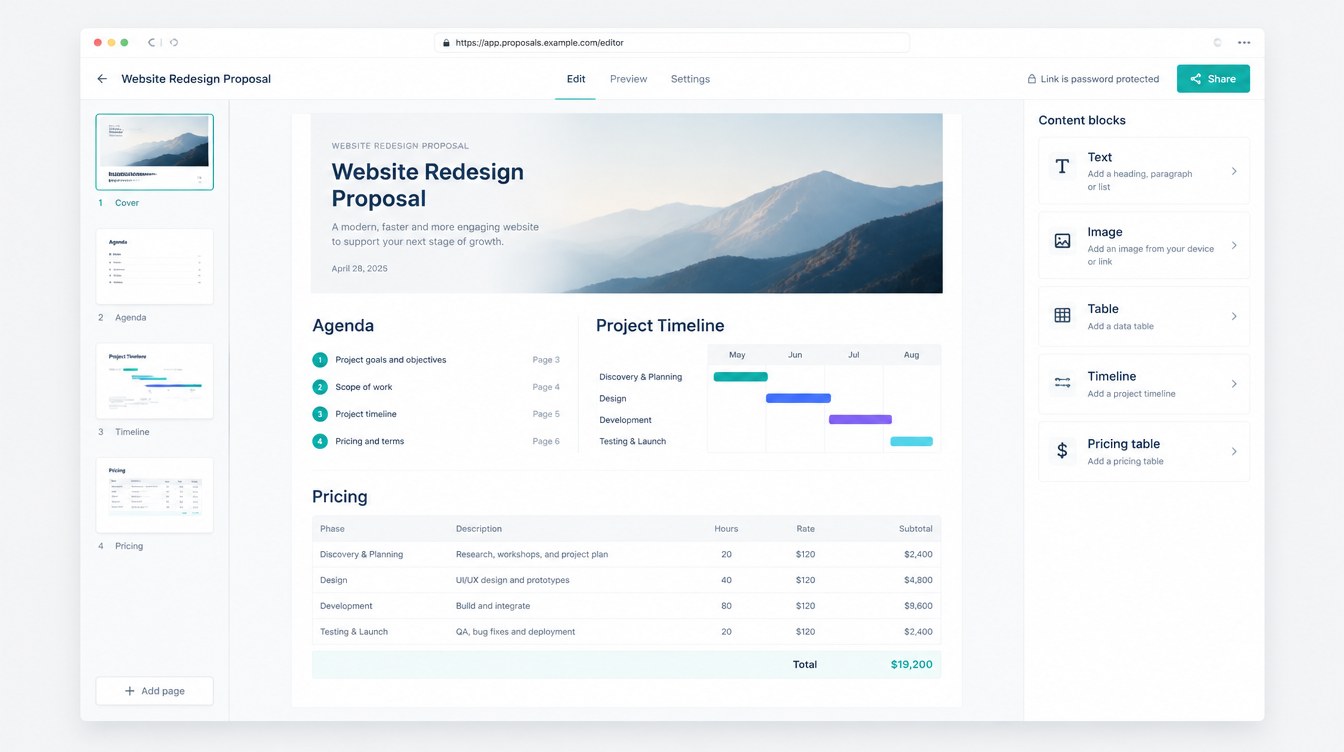 Interface concept: a proposal editor with a cover, agenda, timeline, pricing table and a protected share link