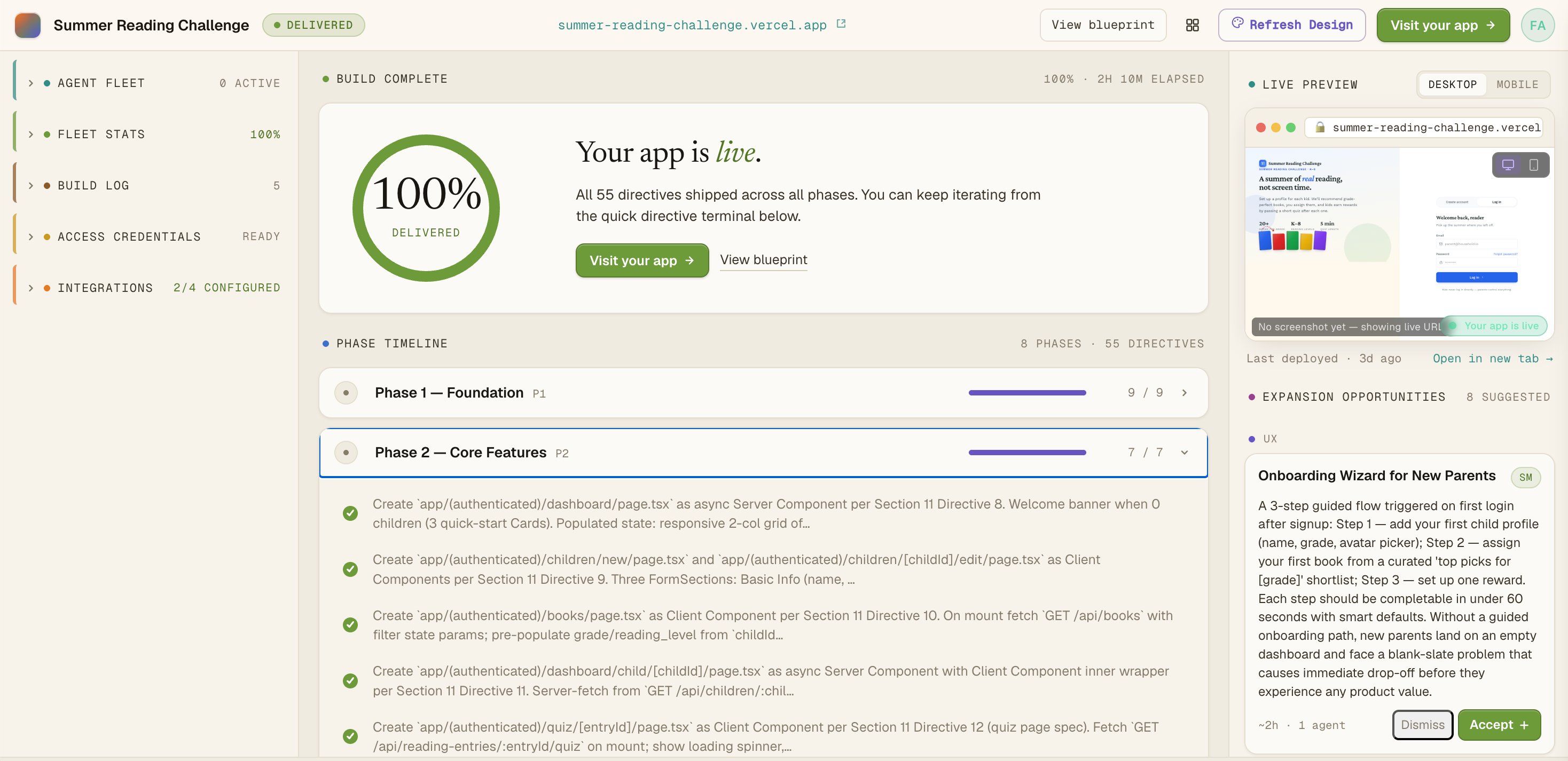 Build & mission control — six agents execute the blueprint in parallel under your review