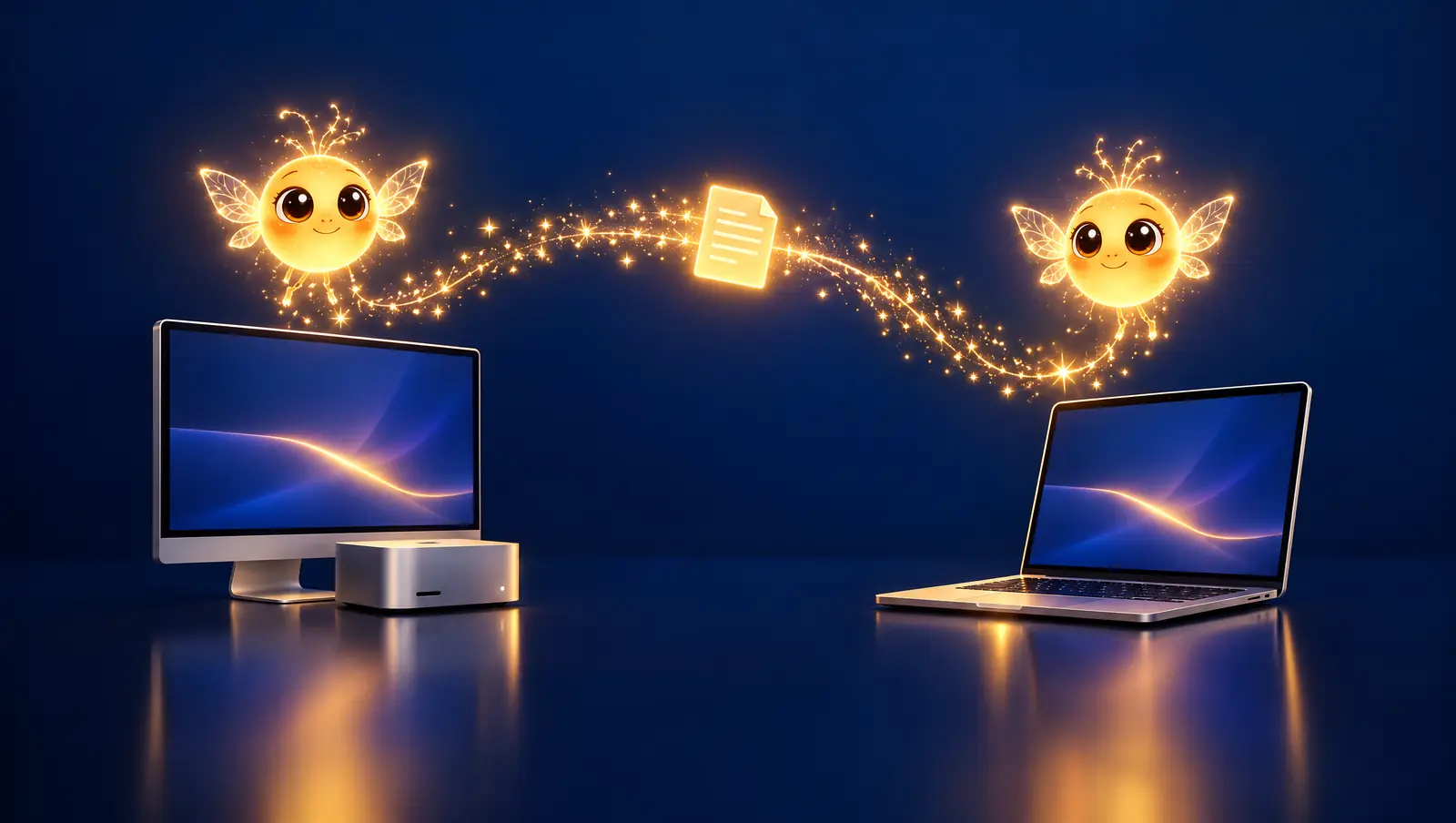 Two Sparks, one above a Mac mini and one above a laptop, passing a glowing document between them