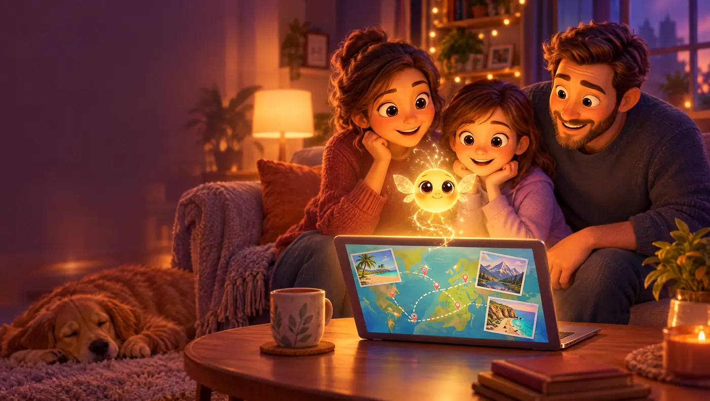 A family on the sofa planning a trip on a laptop while Spark floats above the screen