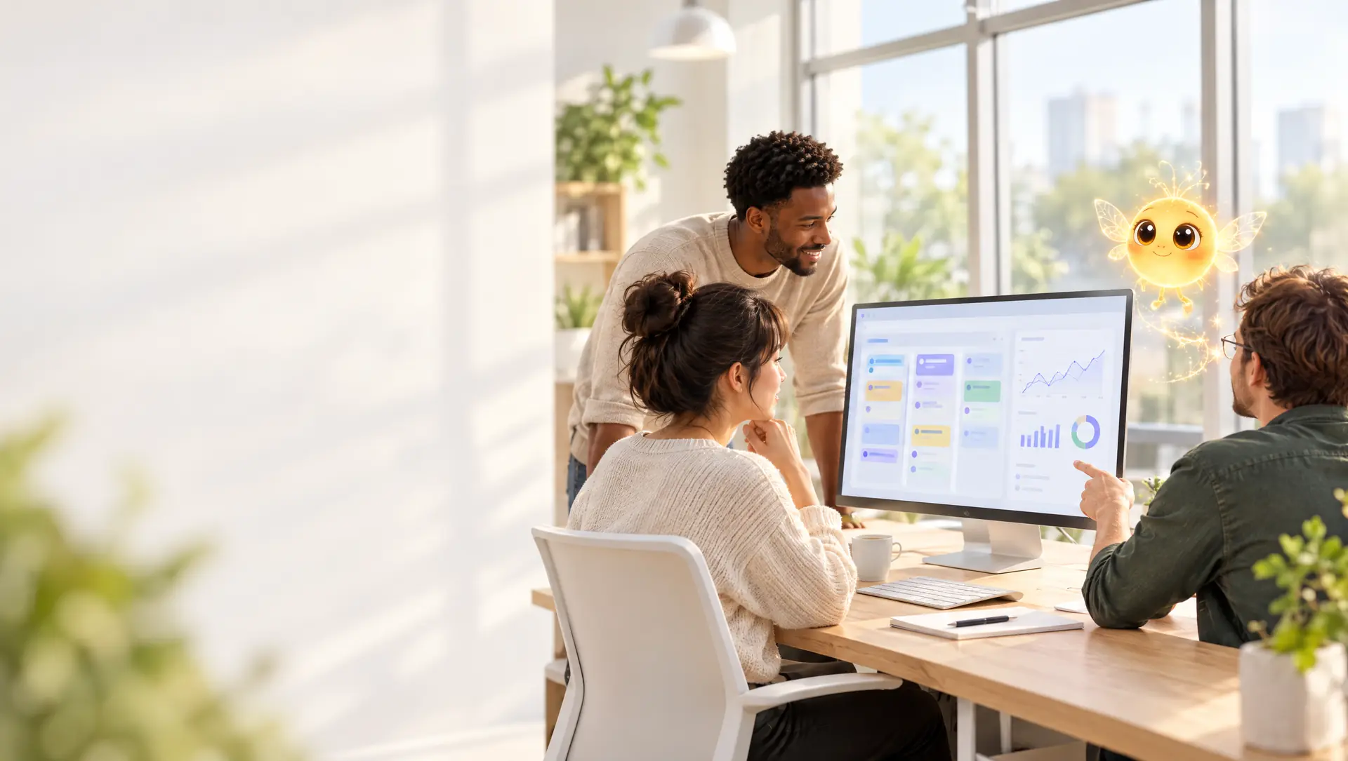 A bright office where three teammates review a dashboard, with Spark glowing beside the monitor