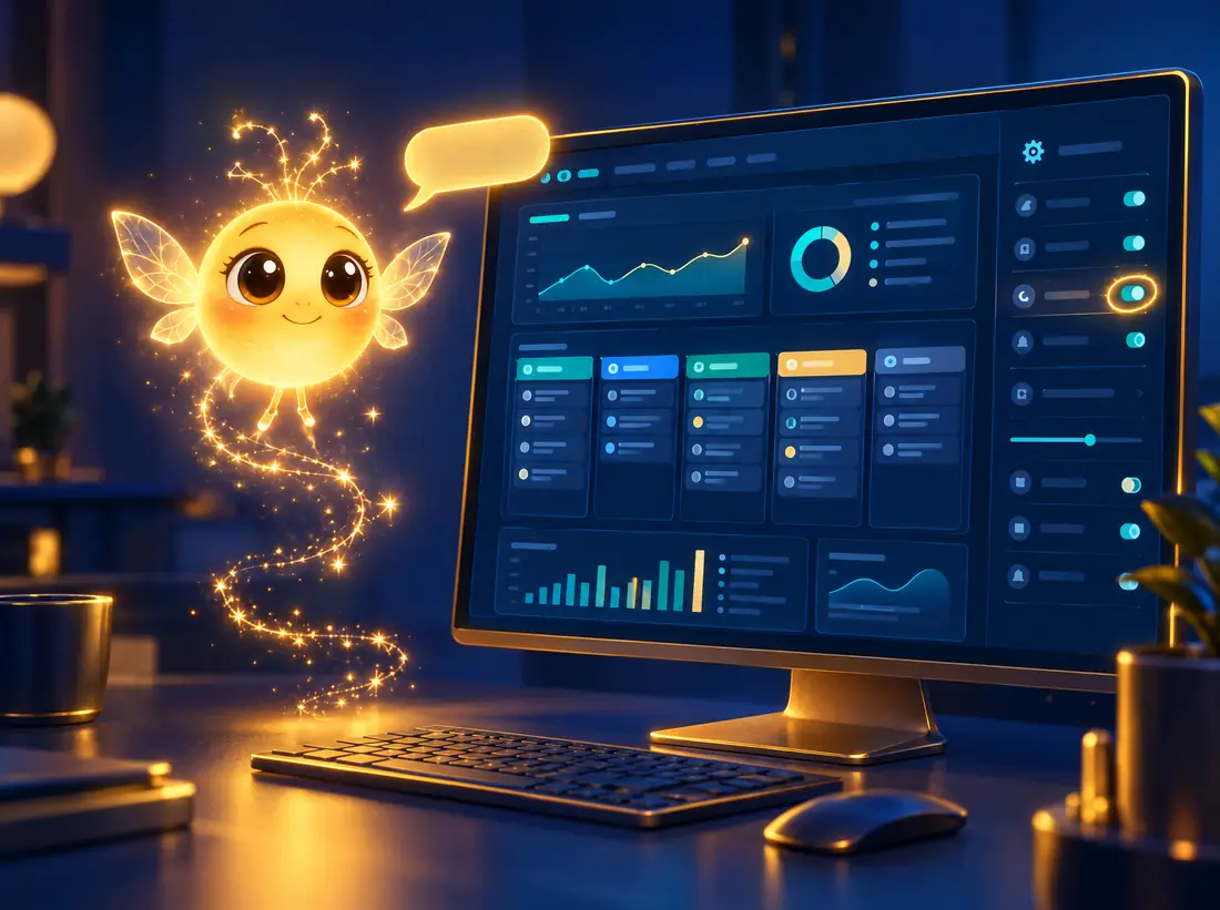 Spark beside a large monitor showing a CRM dashboard, with a gold ring on one settings toggle