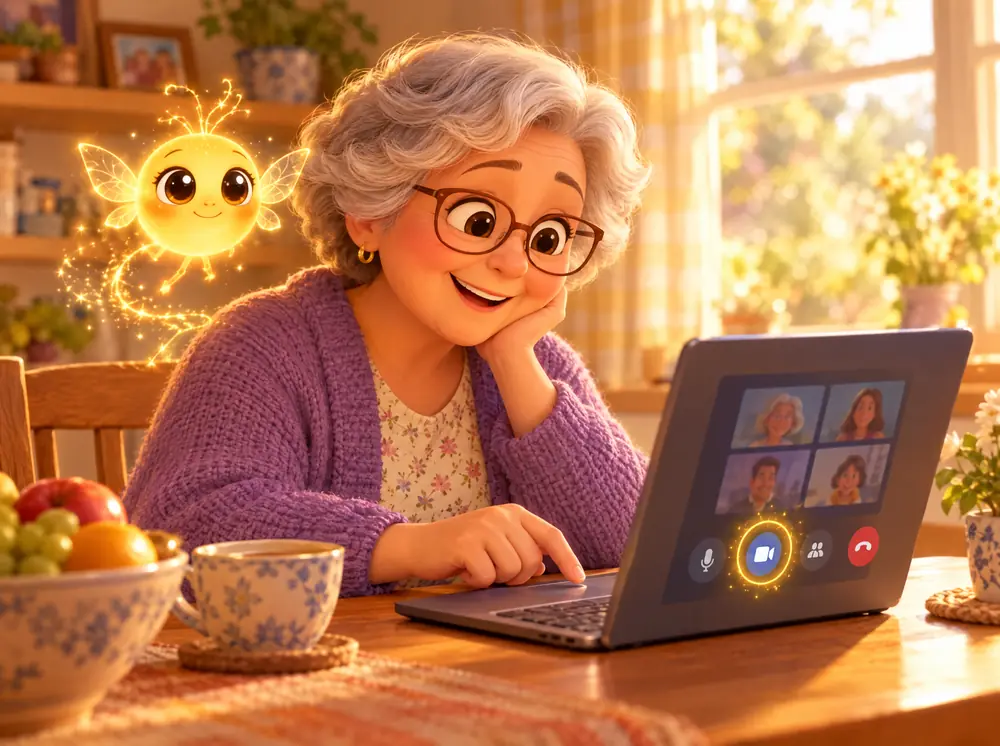 A grandmother at a laptop as Spark helps her find the camera button on a video call