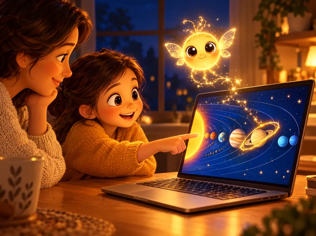 A parent and child at a laptop as Spark circles Saturn on a solar system diagram