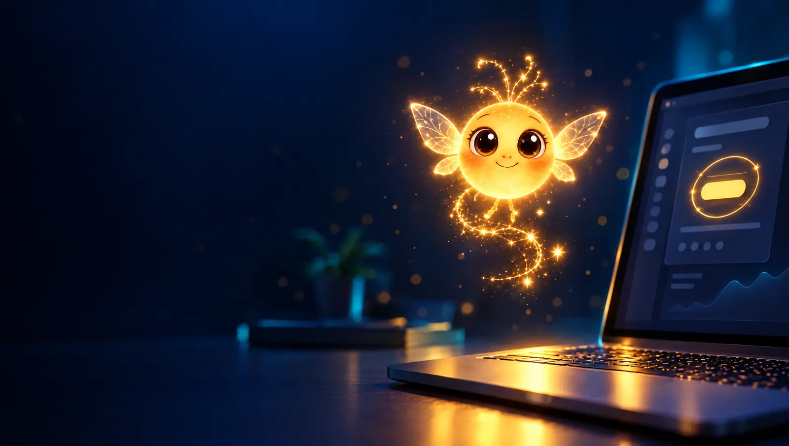 Spark, a small glowing golden sidekick with wings, hovering beside a laptop whose screen has one button circled in gold